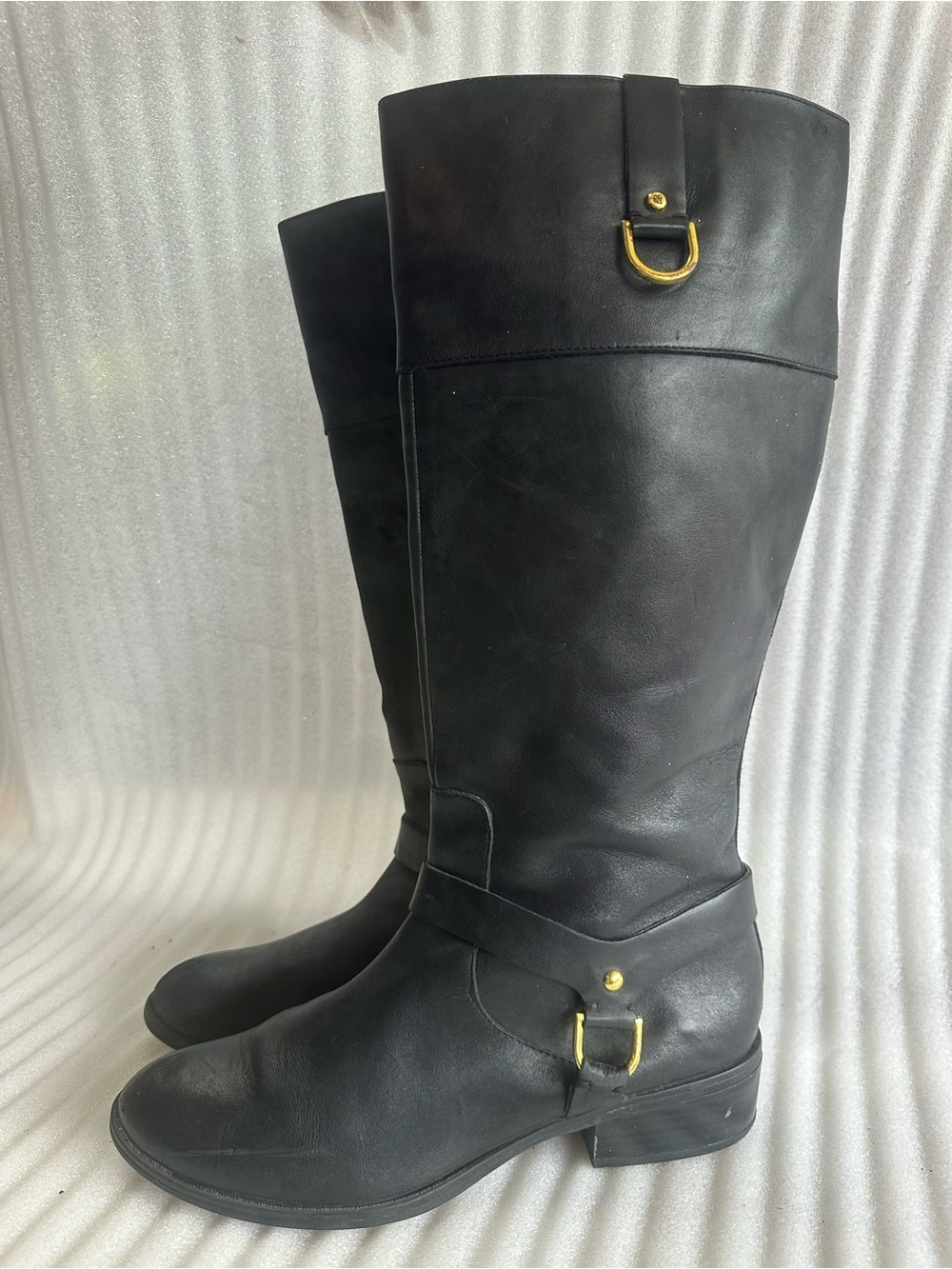 Ralph Lauren Black Leather Knee-High Riding Boots with Gold Hardware